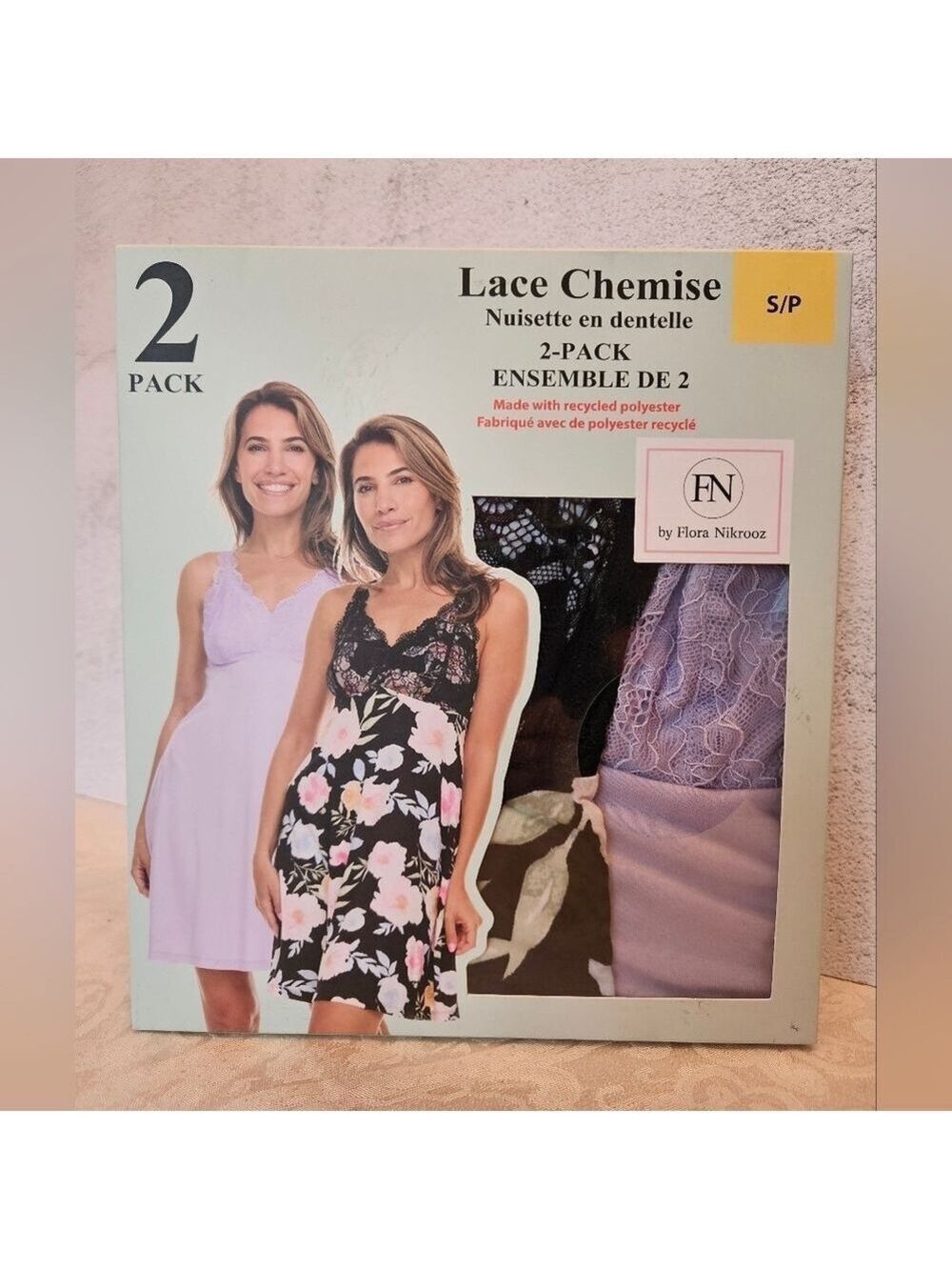 Flora Nikrooz Size Small Mauve and Black Floral 2 Pack of Lace Chemises